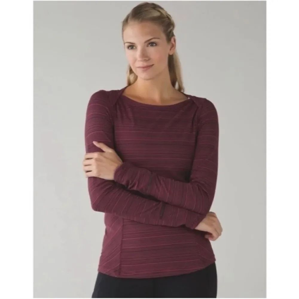 LULULEMON Kanto Catch Me Long Sleeve Rulu Top Size 8 Stripe Wine Berry Black